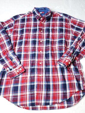 VINTAGE Tommy Hilfiger Shirt Mens L Large Red Long Sleeve Plaid Button 90s y2K